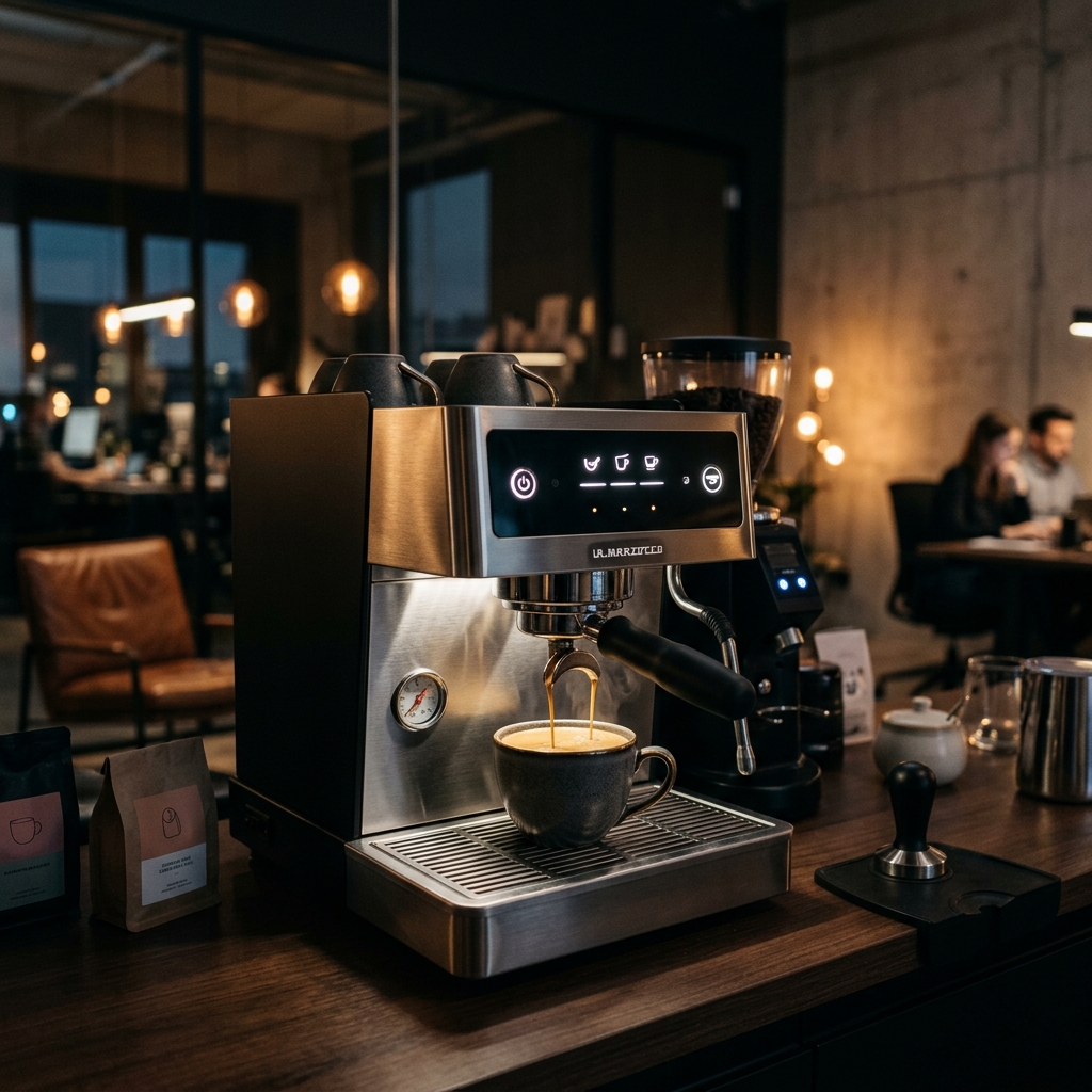 Machine à café espresso professionnelle moderne versant un espresso crémeux dans un bureau haut de gamme à Québec